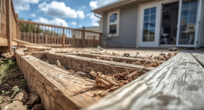 Outdoor deck renovation featuring foundation stripped and worn wooden debris set for disposal