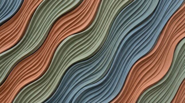 Abstract background of wavy ceramic tiles in muted tones of blue green and terracotta red