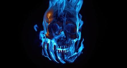 intricate skull and skeletal hand highlighted by bright blue flames on black