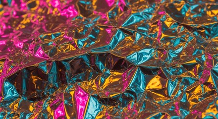 Fototapeta premium Abstract crumpled foil texture with vibrant pink orange and teal neon light reflections for