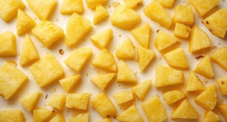 Fresh pineapple sliced into cubes and pieces on a white background illustrating tropical fruit freshness and color intensity
