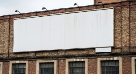 A large, blank billboard is mounted on the side of a weathered brick building. The building has several windows with dark frames.