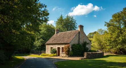 Obraz premium Idyllic countryside cottage framed by verdant forest foliage under a clear sky