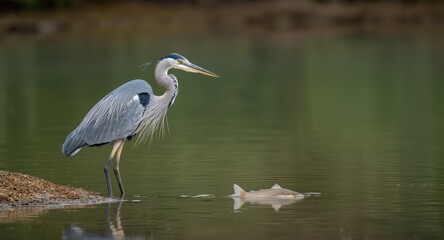 Fototapeta premium Steady heron standing by the water's edge keenly eyeing fish