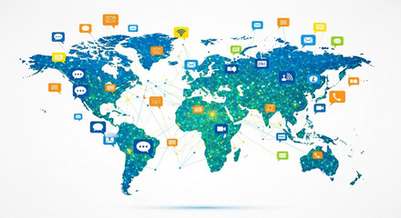Obraz premium Global communication network map with colorful icons on white background symbolizing international connectivity and digital communication