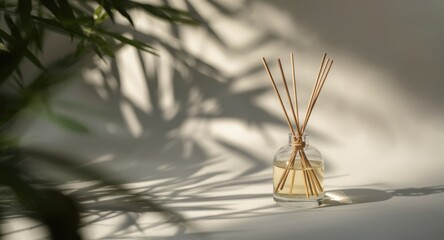 Perfumed diffuser in a transparent vessel highlighted on a subtle gray backdrop with natural leafy shadows