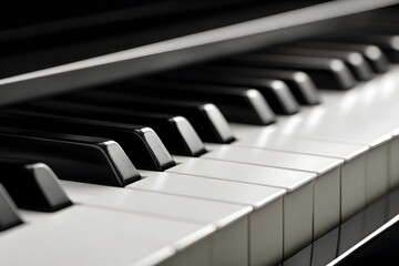 Close-up of a sleek black and white piano keys illuminated softly.