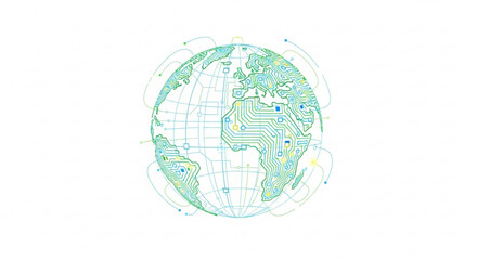 Earth globe with circuit board pattern on white background representing technology and global connectivity
