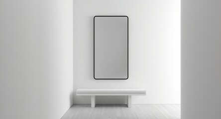 Minimalist hallway design showcasing a shoe bench and black framed mirror against white walls