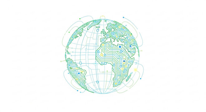 Earth globe with circuit board pattern on white background representing technology and global connectivity