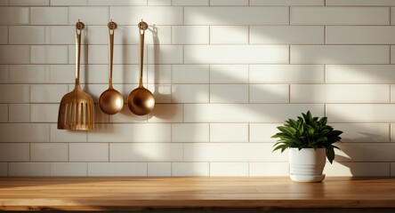 Brass cooking utensils suspended on white tiled kitchen wall with wooden counter and green plant from side angle