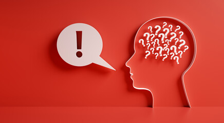 Conceptual artwork showing a 3D silhouette of a head with heap of question marks and speech bubble against red wall 