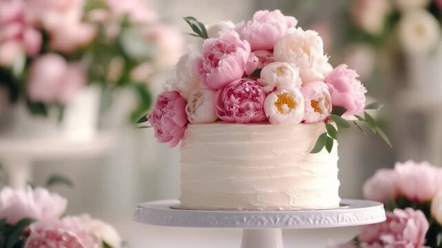 Beautiful cake with pink flowers on top stands elegantly. This footage showcases a stunning dessert display in a soft and inviting style. Perfect for celebrations. AI