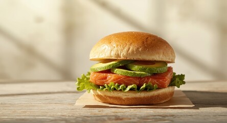 Light background showcasing a wholesome salmon and avocado burger for take out