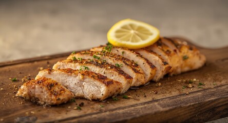 Sliced grilled chicken breast with lemon and spices on wooden board
