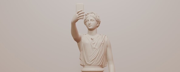 Selfie, a monochromatic classical statue of a woman holding a smartphone to take a selfie against a solid blue background, blending ancient art with modern technology, 3D rendering.