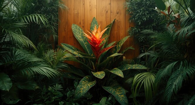 Tropical bromelia species thriving on a handcrafted wooden panel amidst assorted greenhouse plants