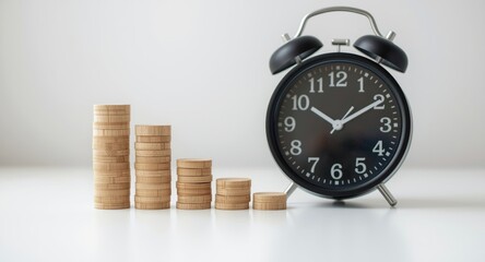 Motivational business setup with wooden blocks and a black clock placed on a spotless white surface highlighting the importance of time