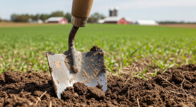 Close-up of a Gardening Spade Digging Into Rich, Dark Soil, with Vibrant Green Fields and Farm Buildings in the Background