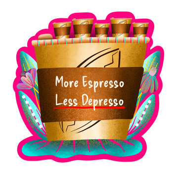 &ldquo;More espresso, less depresso&rdquo; coffee quote sticker with cute and playful typography design. Perfect for planners, journals, mugs, packaging, social media, and creative digital or print projects. 