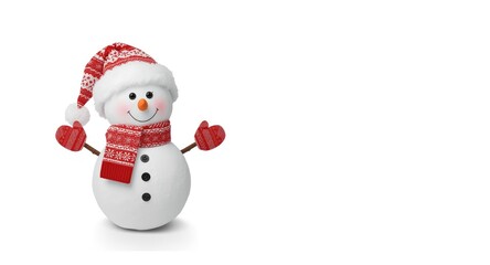 Fototapeta premium Merry snowman with a festive Santa hat and gloves captured on a bright white background