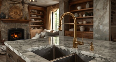 Fototapeta premium Close up of kitchen farmhouse sink gold faucet marble counter with living room fireplace and built in shelves