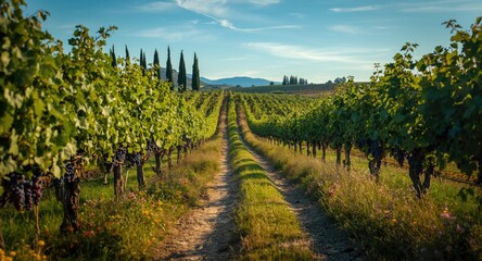 Naklejka premium Charming countryside trail winding through lush grapevine rows on a bright summer day