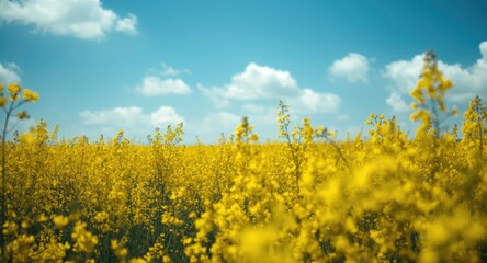 Obraz premium Scenic canola landscape with vivid yellow flowers under clear azure sky