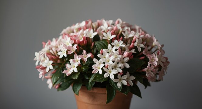 Potted abelia floral display highlighted by selective focus and plain muted background