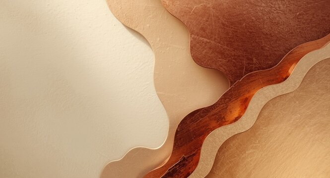 Abstract textured background with layered copper and beige forms and subtle shadow effects copy space