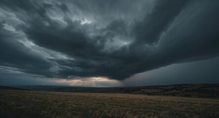 Dark grey cloud mass hovering over open terrain