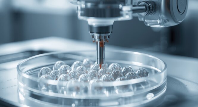 Close view snapshot of contemporary IVF micromanipulator and Petri dish illustrating oocyte cryopreservation