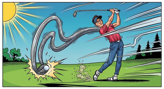 Cartoon golfer swinging club with exaggerated ball trajectory