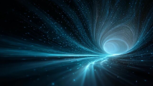 Abstract visualization of a cosmic wormhole tunnel with glowing blue particles swirling through space. Futuristic energy vortex concept with dynamic light trails and galactic elements