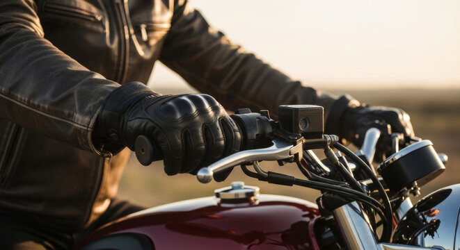 Male Rider in a Brown Leather Jacket and Gloves Grips the Handlebars of a Classic Motorcycle Against a Warm Sunset Backdrop