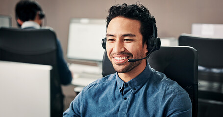 Fototapeta premium Happy man, consultant or computer with headset in call center for communication or customer service. Male person, friendly agent or smile with mic for virtual assistance, web support or online advice