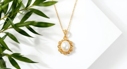Fototapeta premium Stylish gold necklace isolated with soft natural light and greenery