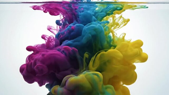 Colorful ink drops blend in clear water at a studio setting creating interesting shapes and patterns
