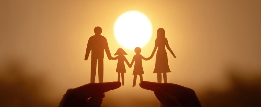 family cutouts backlit by warm sunlight in the background