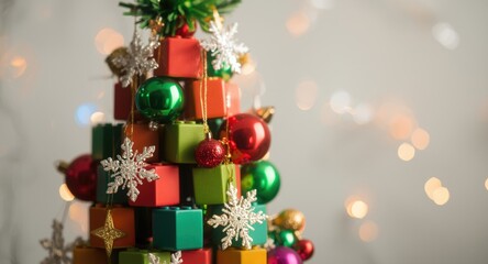 Fototapeta premium Toy block Christmas tree design with festive ornaments