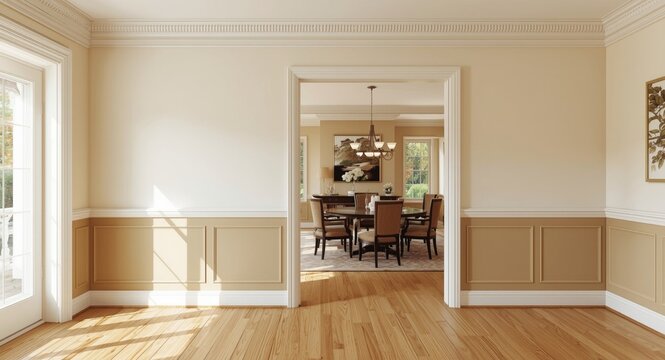Stylish white chair rail paired with wainscoting on lively dining living room wall