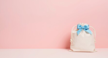 Fototapeta premium Smooth pastel toned backdrop with copy space and blue bow ornament on white sack