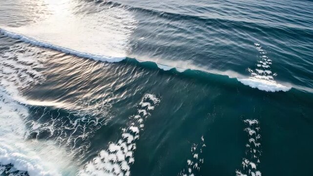 Aerial View of Deep Blue Ocean Waves Crashing with White Foam