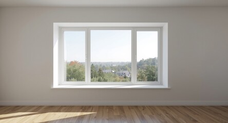 Fototapeta premium Wide open single white window showing outside view in a large house room