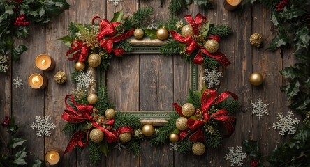 Overhead view of a homemade holiday frame on wooden surface for Christmas and New Year celebration concept