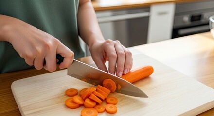 A person is skillfully chopping a carrot on a wooden cutting board in a kitchen. The individual is using a sharp knife and demonstrates proper cutting technique.
