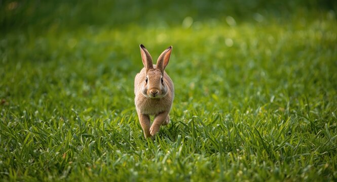Active rabbit bounding through full length view of fresh green summer grass lawn