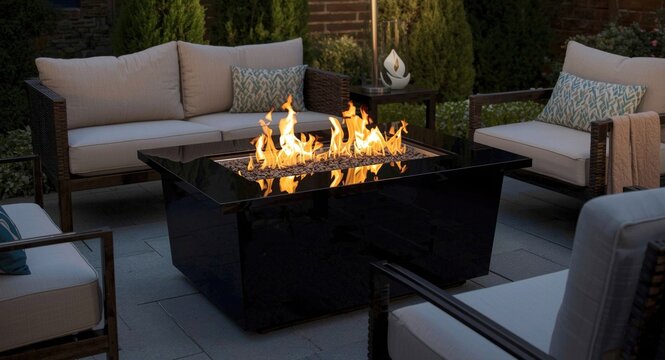 Sophisticated gas fire pit with black glass creating warmth for outdoor gatherings