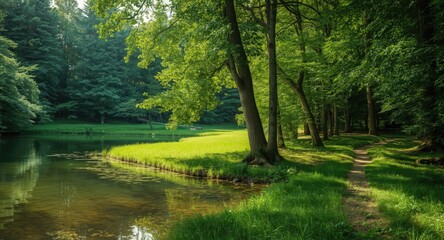 Fototapeta premium Sunny summer forest scene featuring a lake by a grassy glade with trees and a winding path