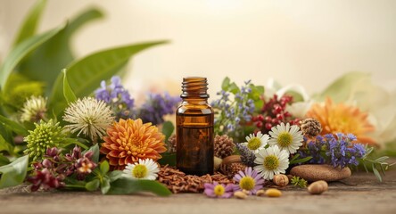 Naklejka premium Spa and wellness essential oil bottle with botanical flowers and medicinal plants for alternative care